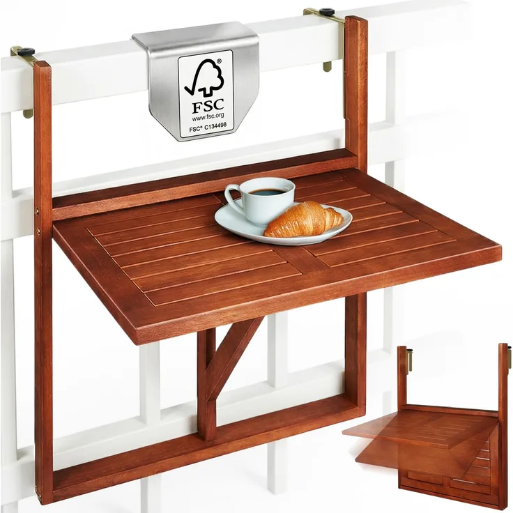 Casaria Balkontisch Balkonhängetisch Balkon Tisch klappbar Akazie Holz