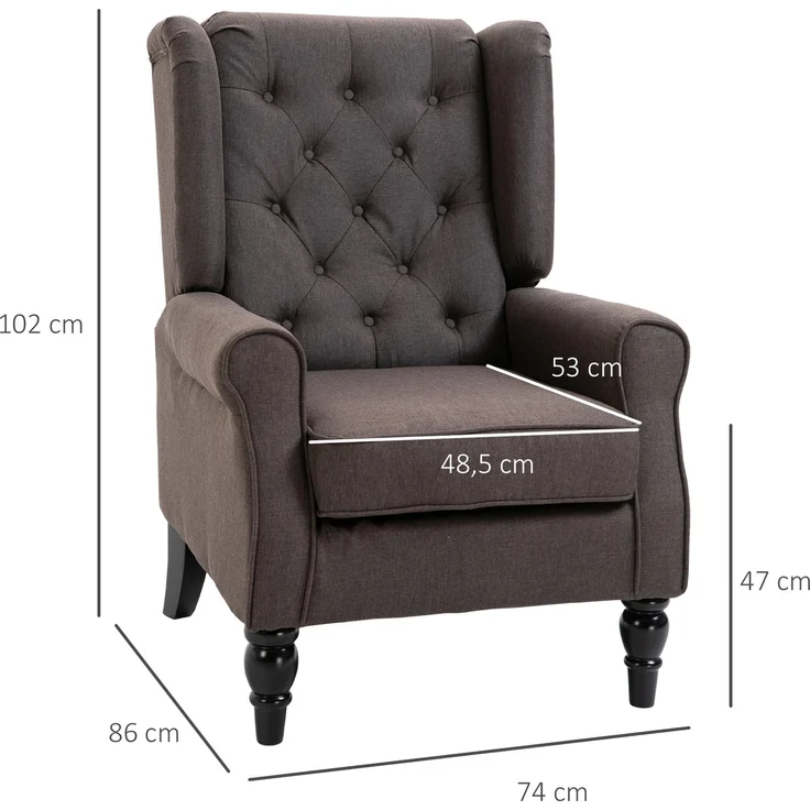 Wohnora-Sessel Ohrensessel mit Armlehnen, Loungesessel mit Kissen, Tufting, hoher Rückenlehne Armlehnensessel mit Holzbeine, Relaxsessel für Wohnzimmer, Schlafzimmer, Braun,H 102cm x T 74cm x B 86cm – Bild 5
