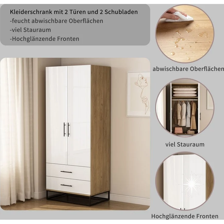 OTTO home Kleiderschrank Lucca Schlafzimmerschrank Garderobe hochglanz Bestseller (Hochwertige schwarze Griffe und Kufengestell) Schlafzimmerschrank mit 2 Türen und 2 Schubladen, Breite 80cm – Bild 2