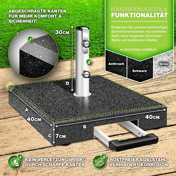 tillvex® Granit Sonnenschirmständer mit Rollen & Transportgriff Anthrazit - 27 kg Eckig mit Trolley-Griff | Schirmständer Sonnenschirm mit Edelstahlrohr | Balkonschirmständer für Schirmstöcke 16-48 mm & 250 cm Schirmdurchmesser – Bild 2