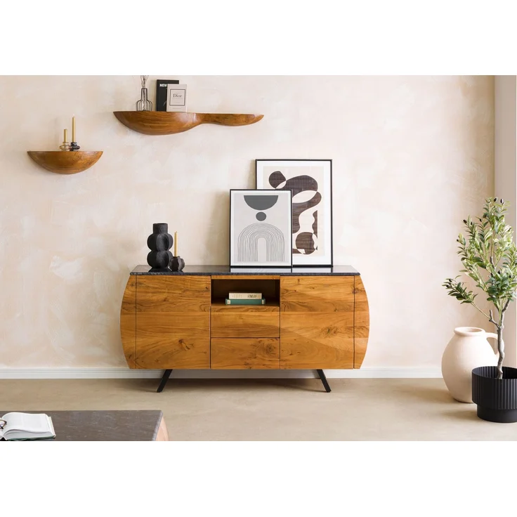 Sideboard Akazie 154 x 40 x 75 natur lackiert / Marmor schwarz MONTREAL #125 – Bild 9