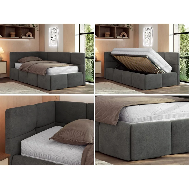 Jugendbett 90x200 ARVO Polsterbett mit Bettkasten, Stauraum & Gasdruckfeder, Modernes Design mit Kopfteil, Multipocket Matratze - Dunkelgrau Velvet - ELORI LUX - Links Seite – Bild 2