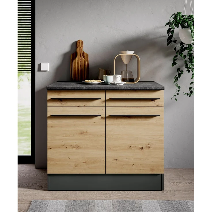 Yourkitchen 'JAZZ' Küchenschrank Unterschrank, Holznachbildung Eiche Artisan, 100 x 90 x 60 cm, mit Schublade – Bild 4