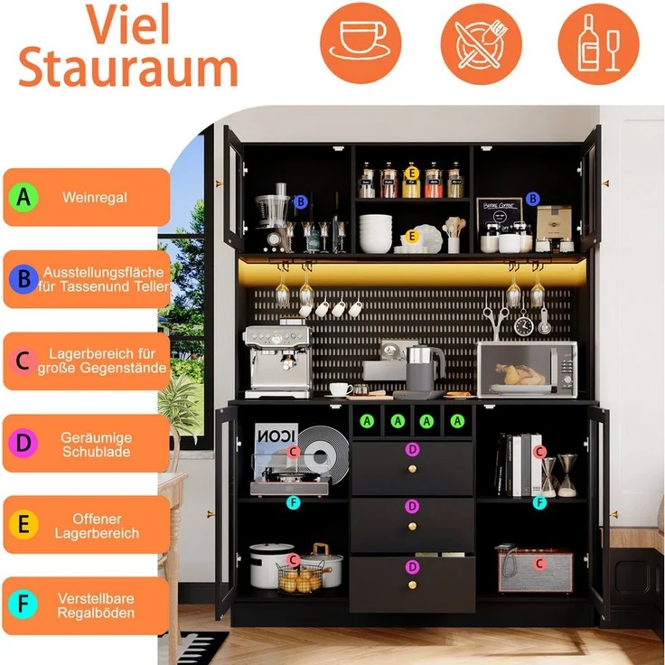 Odikalo Küchenbuffet Küchenschrank Buffetschrank mit LED Beleuchtung & Weinregal (mit Smart LED Beleuchtung, Hochschränke fürs Wohnzimmer,Seitenschrank mit Weinregal und Kippsicherung, Verstellbare Einbauregale) – Bild 2
