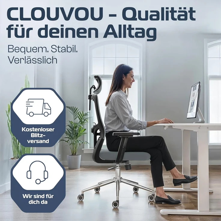 CLOUVOU BrightSeat Bürostuhl Ergonomisch [TESTSIEGER] Schreibtischstuhl 100% individuell einstellbar | Büro Stuhl & Gaming Stuhl | Computerstuhl Home Office Chair Ergonomic | Drehstuhl 150 kg – Bild 7