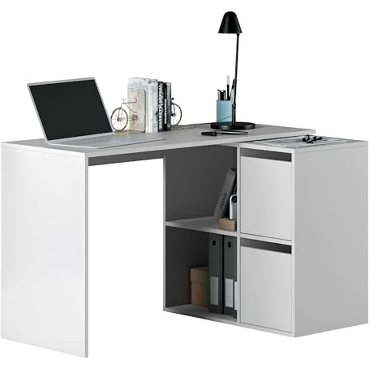 Modularer Schreibtisch mit vier niedrigen Regalen, von denen zwei durch zwei Flügeltüren mit der Möglichkeit der Eckmontage geschlossen werden, Farbe weiß, 152 x 74 x 49 cm. – Bild 1