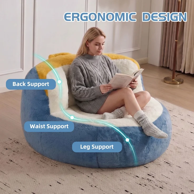Wohnora – Übergroße Sitzsäcke, mehrfarbiges Kunstfellsofa mit Füllung aus Schaumstoffflocken, großes Lounge-Sofa fürs Wohnzimmer, keine Montage erforderlich, blau + weiß + gelb, H 77 cm x T 106 cm x B 110 cm, mehrfarbig – Bild 5