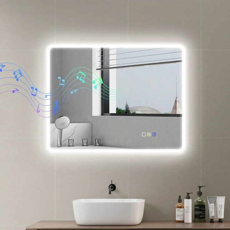MELAYR, Badezimmerspiegel mit LED-Licht, 90 x 70 cm, mit Bluetooth, 3 Lichtfarben, 90 x 3,5 x 70 cm, Silber – Bild 4