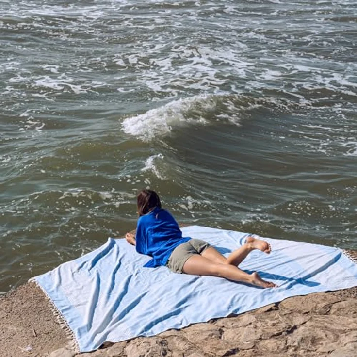 MOMOMUS Fouta XXL, Sandfrei, 100% Baumwolle, handgewebt, mit Fransen, hellblau, 210x240 cm – Bild 5