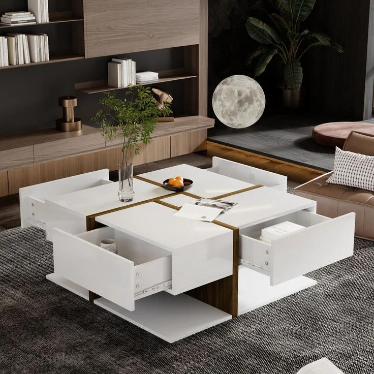 Merax Hochglanz-Couchtisch, Tisch mit 4 Schubladen, einzigartige Farbabstimmung und Liniendesign, Stauraum unten. 78*78*34,8cm, Weiß und Holzfarbe – Bild 3
