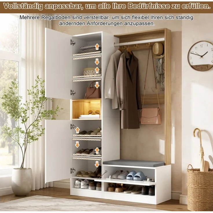 i@home Garderoben-Set Flurschrank mit LED-Beleuchtung & 3 Türen,viel Stauraum,105 x 35 x 180 cm, (Set, 1-St), Garderoben-Set mit Spiegel, Sitzbank, Haken& Kleiderstange, weiß/natur – Bild 3