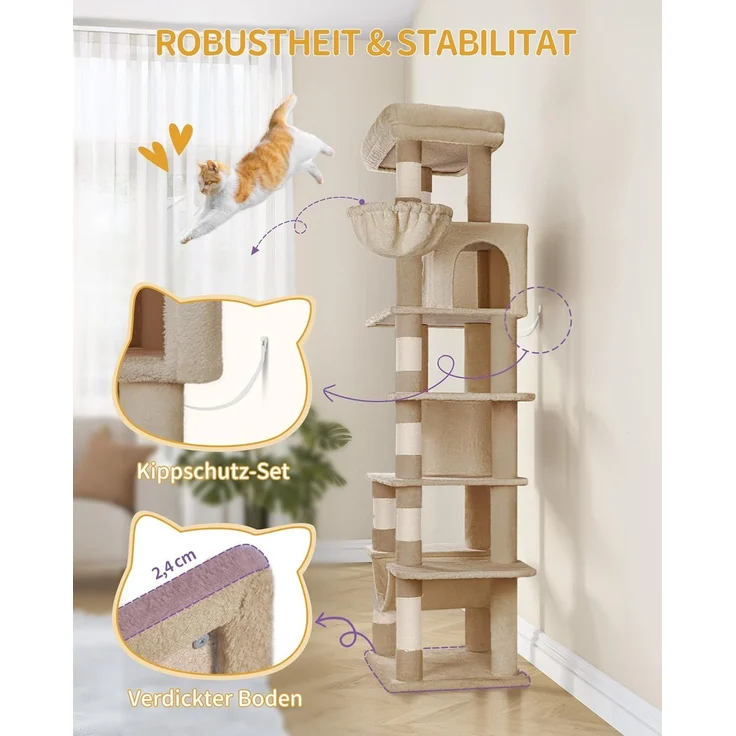 Kratzbaum groß, 170 cm Hoch, Katzenbaum, mit 8 Kratzbäume, 2 Höhlen, groß Plattformen, Waschbare Matte, Hängematte, Plüschbälle, Mehrstöckiger Katzenkratzbaum, Kamelbraun – Bild 6