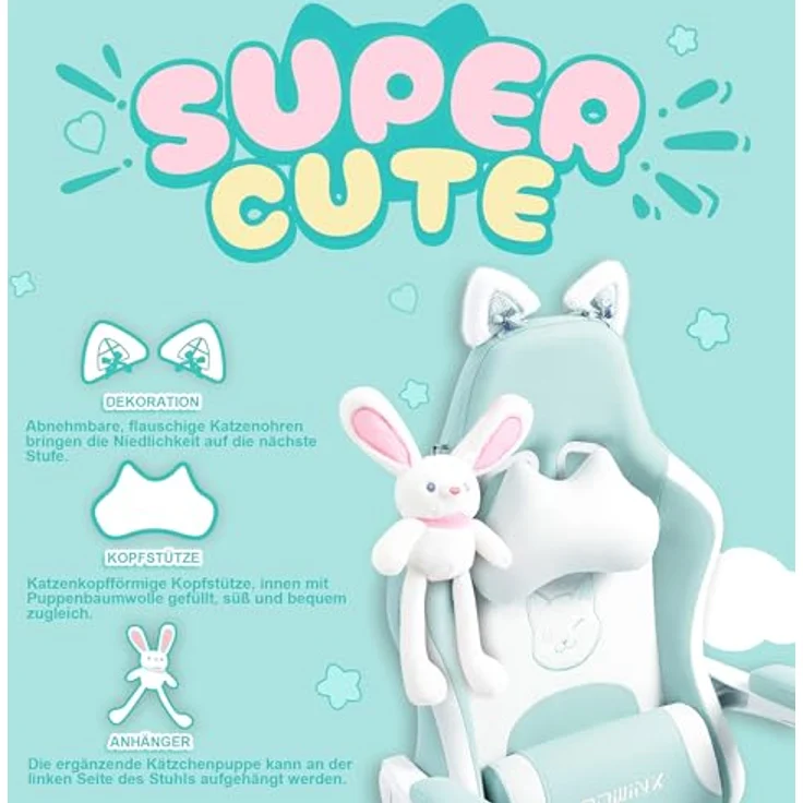 Dowinx Gaming Stuhl - Süße Katze Edition - Ergonomischer Computerstuhl mit Hoher Rückenlehne und Lendenwirbelstütze, PU-Leder, Fußstütze, Blau – Bild 5