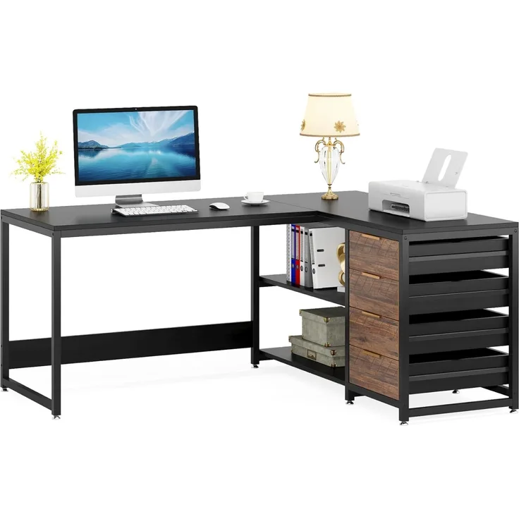 LITTLE TREE 59-Zoll-L-förmiger Schreibtisch mit Schubladen, großer Computertisch mit Ablagefächern, umkehrbarer L-förmiger Eckschreibtisch für das Homeoffice