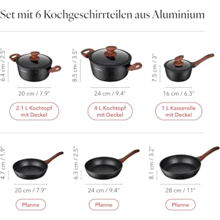 FLORINA MASTER BLACK Topf- & Pfannenset | 6-teiliges Set | Aluminium hochwertig | Glasdeckel mit Dampfauslass | Für Induktion, Gas, Elektro, Keramik | Spülmaschinengeeignet | Großes Set – Bild 4