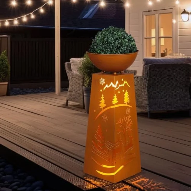LED Dekosäule mit Blumenschale, Metall, Rost, H 59 cm – Bild 6