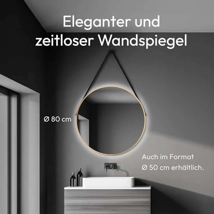Talos Golden Light Spiegel, runder Wandspiegel Ø 80 cm mit mattem Aluminiumrahmen und indirekter LED-Beleuchtung – Bild 3