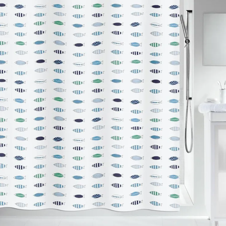 spirella Duschvorhang SANTORINI Breite 180 cm, Textil-Duschvorhang, 100% Polyester, wasserabweisend, Anti-Schimmel-Effekt, waschbar 30°, Made in Europe, Fische Motiv, Farbe weiß/blau, Größe 180 x 200 cm