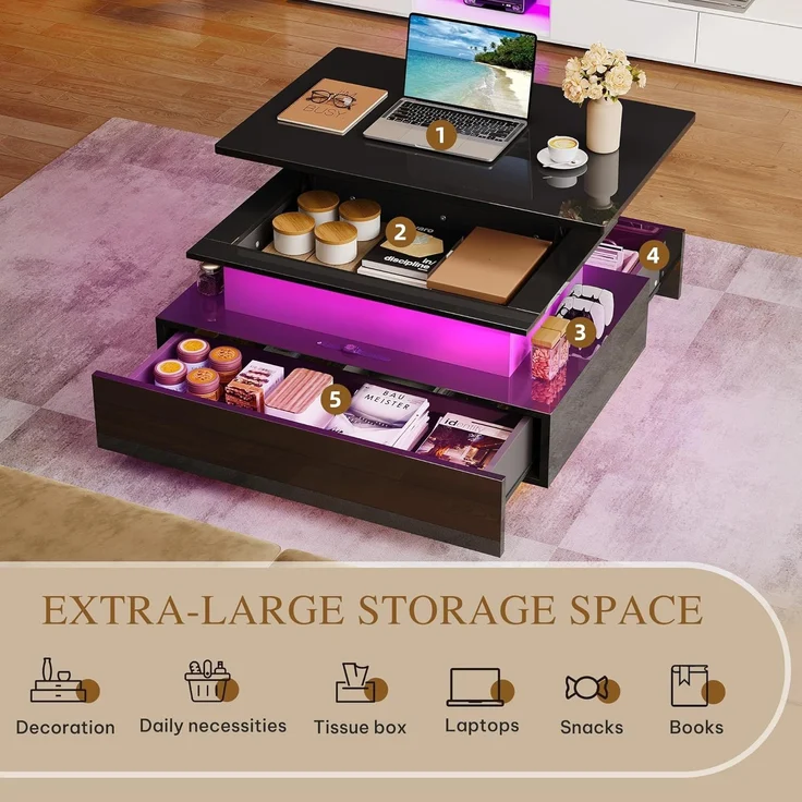 YITAHOME Couchtisch Höhenverstellbar, Wohnzimmertisch Hochglanz mit Hebeplatte,Couch Tisch Wohnzimmer mit 16-Farbiger LED Modern and 2 Schubladen – Bild 5