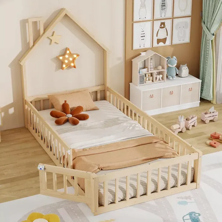 Hausbett mit Lattenrost und Rausfallschutz, 90x200 cm, Kinderbett, Jugendbett, Kiefer – Bild 3