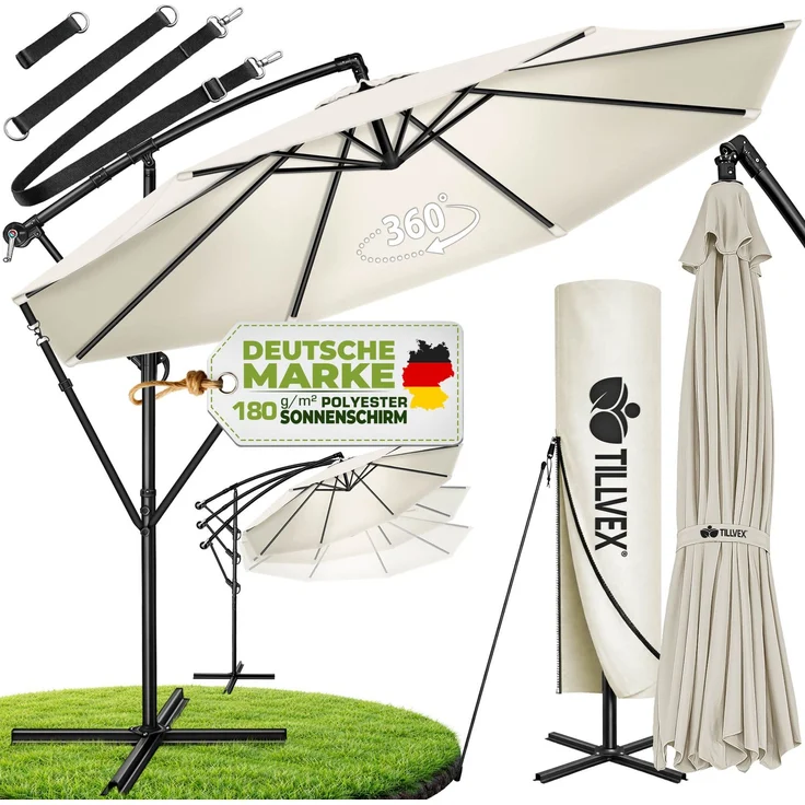 tillvex Sonnenschirm Beige Ø 350 cm Ampelschirm Gartenschirm Marktschirm Kurbel Balkon Alu Neigbar Beige - Ø350cm – Bild 1