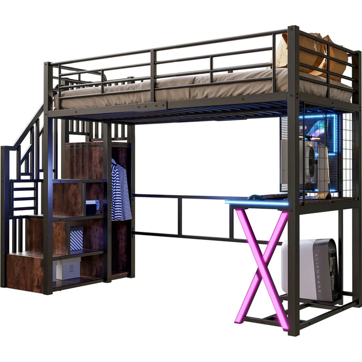Kinder-Hochbett 90x200 cm mit Schreibtisch, Kleiderschrank, Aufbewahrungsleiter,fernbedienbares LED-Ambientelicht,Schwarz – Bild 8