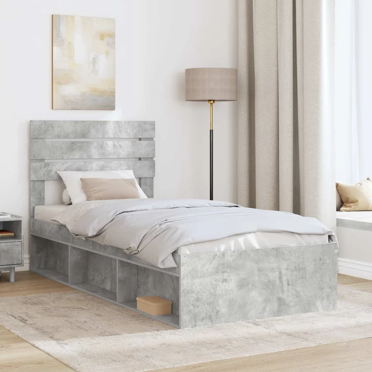vidaXL Bettrahmen mit Kopfteil Beton 90 x 200 cm Massives Kiefernholz 3411458 – Bild 2