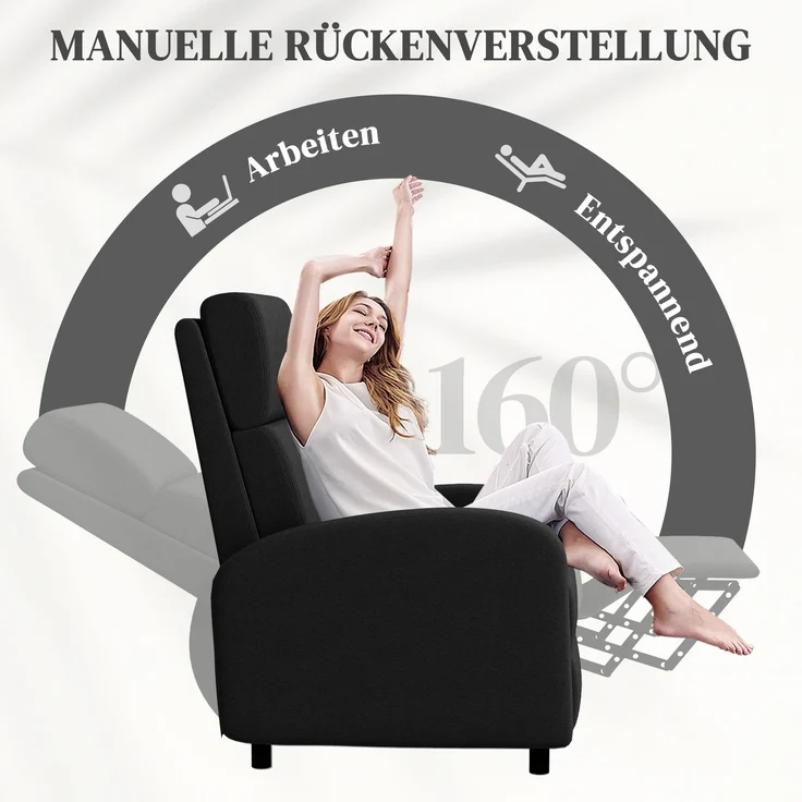 Wohnora-Relaxsessel, Fernsehsessel mit Liegefunktion, gepolstert, mit verstellbarer Rückenlehne, Fußteil, Schwarz,H 1020cm x T 860cm x B 640cm – Bild 5