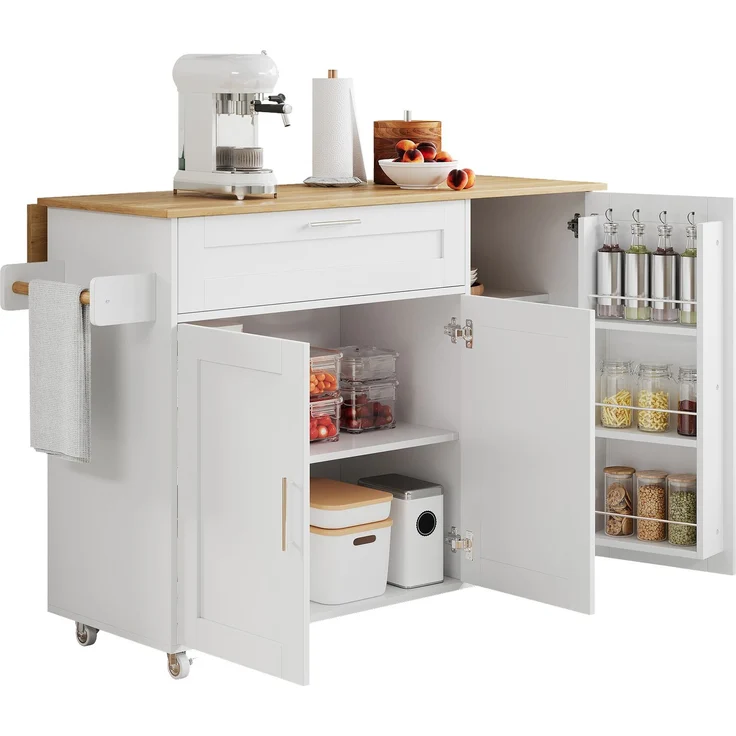 132.5*44(70)*90cm großer mobiler Küchentisch, Arbeitsplatte klappbar, Eiche Maserung, multifunktionaler Schrank, Gewürzregal, Handtuchhalter, 5 Rollen, geeignet für Küche/Essen/Haus – Bild 4
