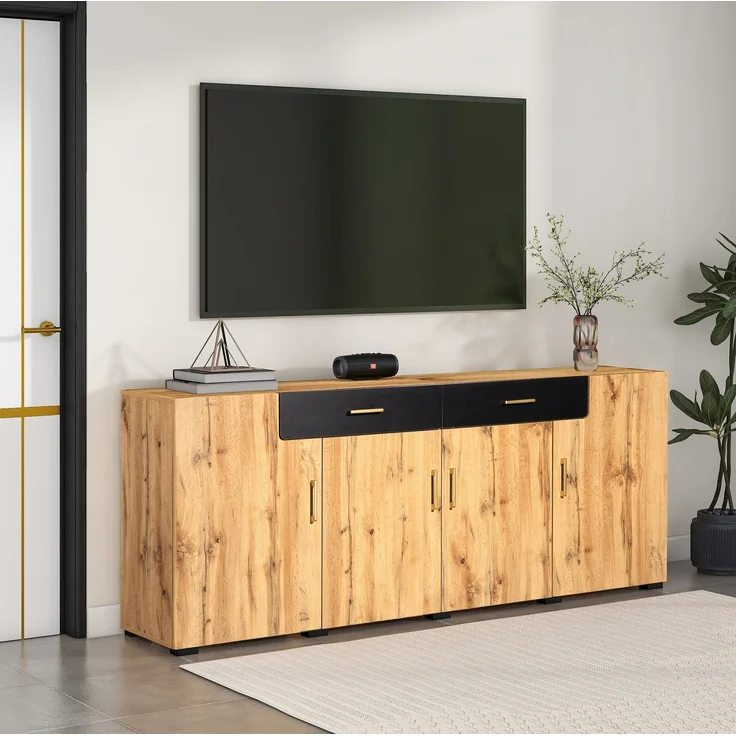 DESVIAE Sideboard mit 4 Türen und 2 Schubladen, 208x80x39,5 cm, Spanplatte und MDF, Weiß/Braun – Bild 3
