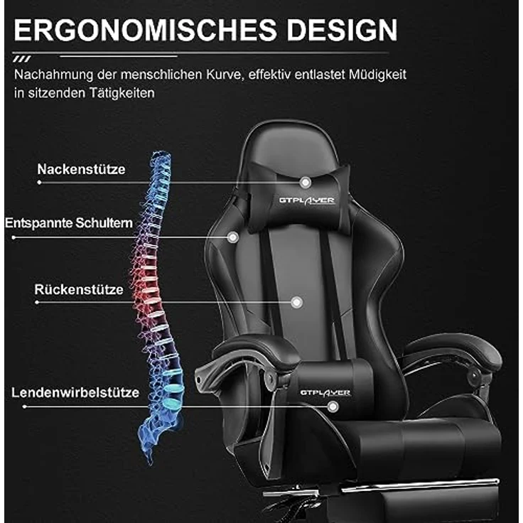 GTPLAYER Bürostuhl Gaming Stuhl Massage Gaming Sessel Ergonomischer Gamer Stuhl mit Fußstütze, Kopfstütze Massage-Lendenkissen, Gepolstert Gaming Chair, Drehsessel schwarz – Bild 4