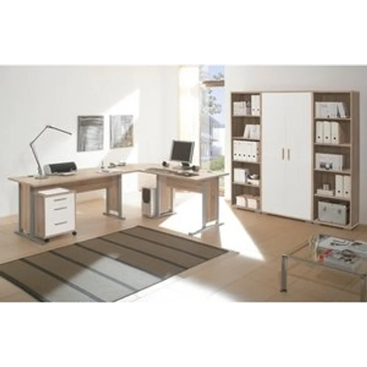 Büro Office Line Büromöbel Komplett Set in Eiche Sonoma kombiniert mit Weiß oder Eiche Sonoma – verschiedene Varianten wählbar - 5 teilig , Eckschreibtisch + Rollcontainer + 2x hohes Aktenregal + Aktenschrank hoch , weiß – Bild 6