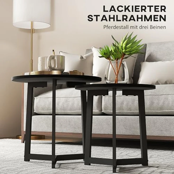 HOMCOM Couchtisch-Set, Schwarz, runde Form aus lackiertem Stahl und MDF, ø48x45 cm und ø40x40 cm, platzsparend und modern – Bild 5