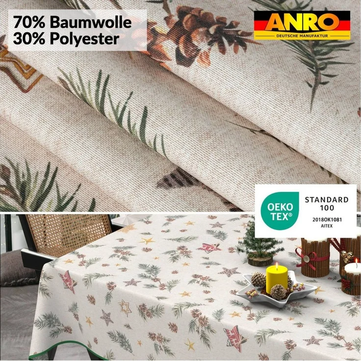 ANRO Tischdecke pflegeleicht Weihnachten Tischtuch Christmas Tannenzapfen Tischwäsche (Einzelstück 1-tlg), Schutz-Beschichtung wasserabweisend Grün 100x140 cm – Bild 4