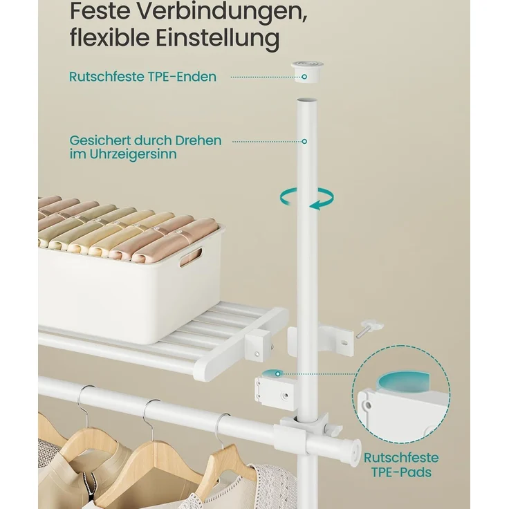 Songmics deckenhocher Kleiderständer, höhen- und breitenverstellbar, mit abnehmbaren Ablagen, Stahl / Kunststoff mattweiß, 33,5 x (240-353) x (208-310) cm – Bild 4