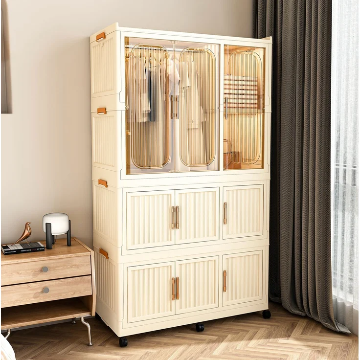 Kleiderschrank aus Kunststoff, faltbar mit 9 Magnettüren, 92x45x158 cm, Cremeweiß – Bild 4