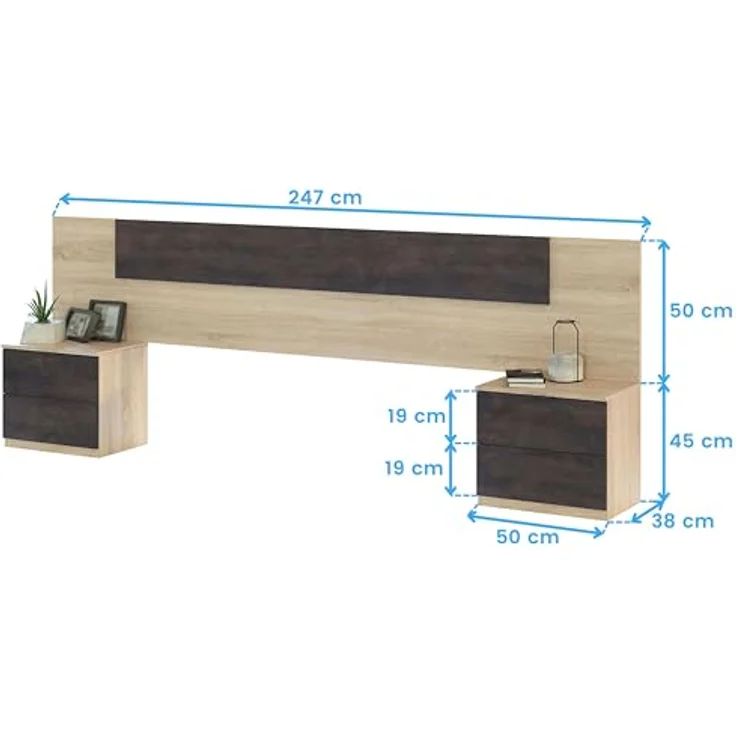 Habitdesign, modernes Kopfteil mit 2 Nachttischen und 4 Schubladen – Schlafzimmer-Set in Kanadischer Eiche & Rostoptik, viel Stauraum, Maße: 247 x 95 x 38 cm (B x H x T), Modell Alaya – Bild 8