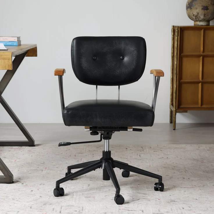 Bürostuhl aus Echtleder in Schwarz, ergonomisch, drehbar, höhenverstellbar, mit Rollen und Stahlrahmen, 1er-Set,H 82 x T 63 x B 51 cm – Bild 3