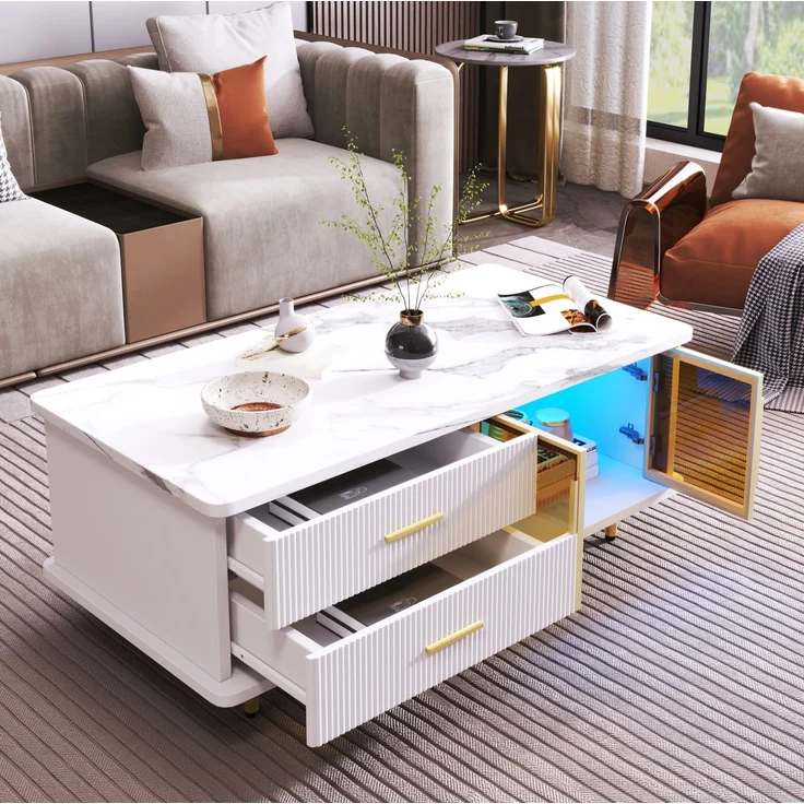 DESVIAE Couchtisch-Set 2-tlg. mit TV-Schrank und LED-Beleuchtung, Spanplatte, Weiß/Gold, 100x40x50 cm und 170x47,5x37 cm – Bild 5