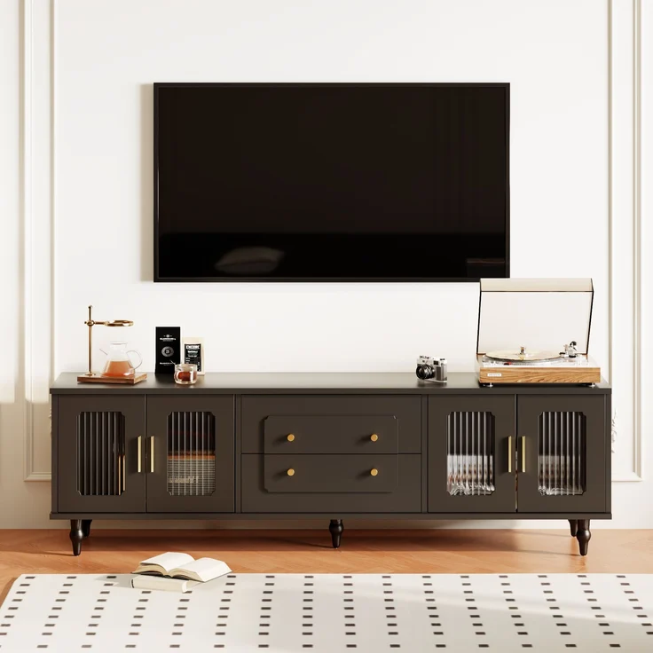 Lowboard 175x38x55,5 cm mit geriffelten Glastüren und goldenen Griffen – elegantes TV-Möbel – Bild 2