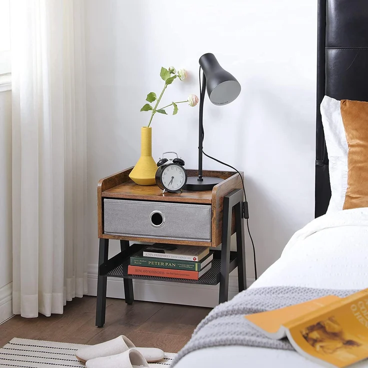 Nachttisch, Beistelltisch, Couchtisch, Regal mit herausnehmbarer Stoffschublade, Gitterablage, Metallrahmen, für Wohnzim – Bild 2