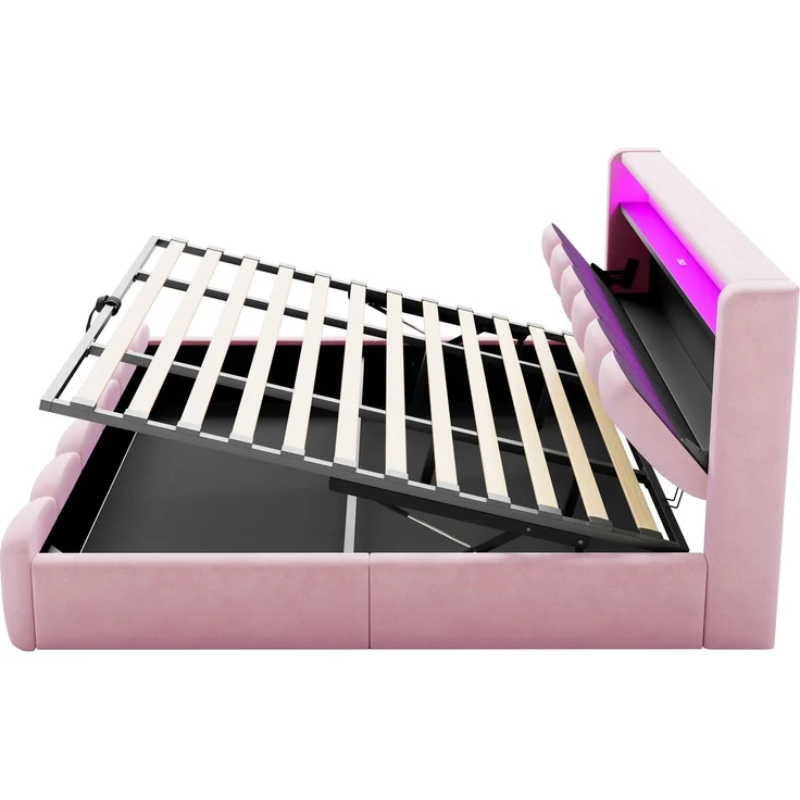 Polsterbett 180×200 cm mit hydraulischem Bettkasten, LED & USB/Typ-C, Rosa, ohne Matratze – Bild 10