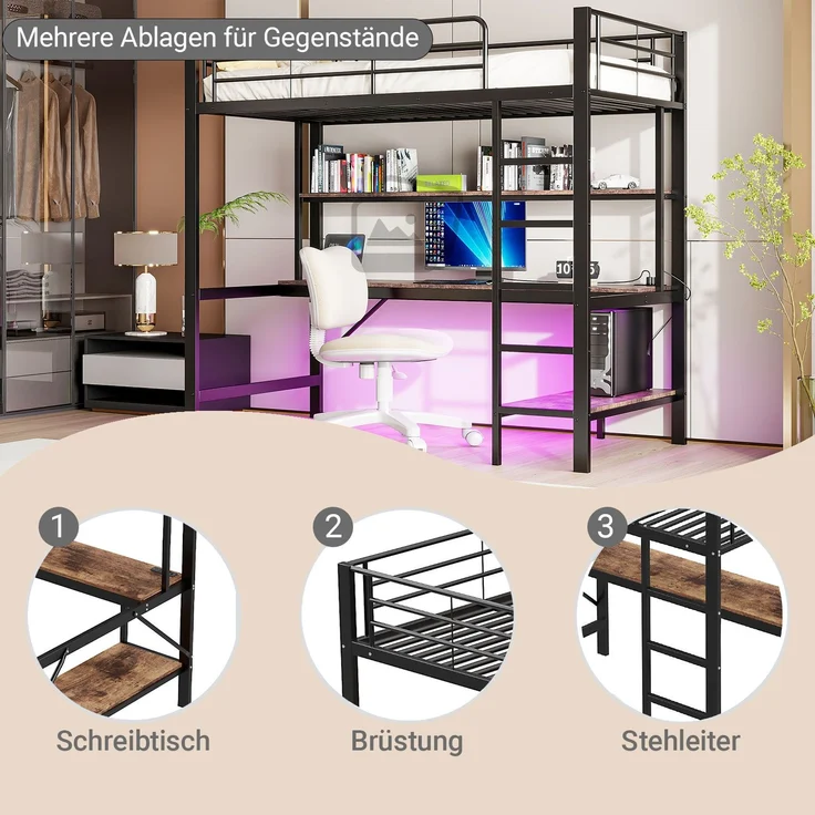 Hochbett 90x200 cm, Kinderbett und Jugendbett, mit Schreibtisch, mehrstöckigem Regal, LED-Licht und USB/Steckdose, Metall, Schwarz – Bild 5