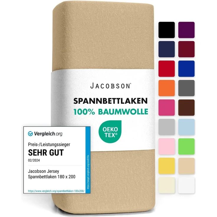 Jacobson Jersey Spannbettlaken Spannbetttuch Baumwolle Bettlaken (140x200-160x200 cm, Beige) – Bild 1