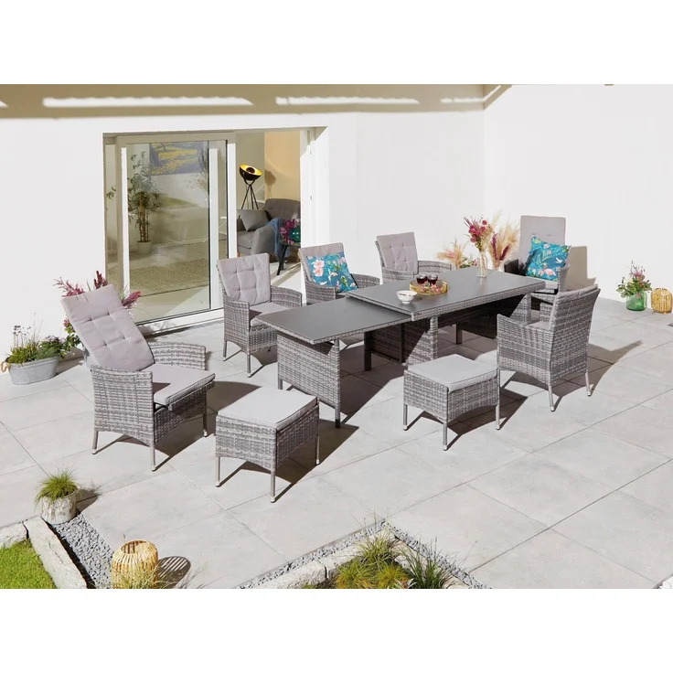 KONIFERA Garten-Essgruppe Parla, (Set, 21-tlg, 6xSessel, 1x AZ-Tisch 150-242,5cm,2x Hocker,inkl. Auflagen, Polyrattan), 2 der 6 Sessel sind verstellbar, Grau, Tischplatte aus Sicherheitsglas – Bild 5