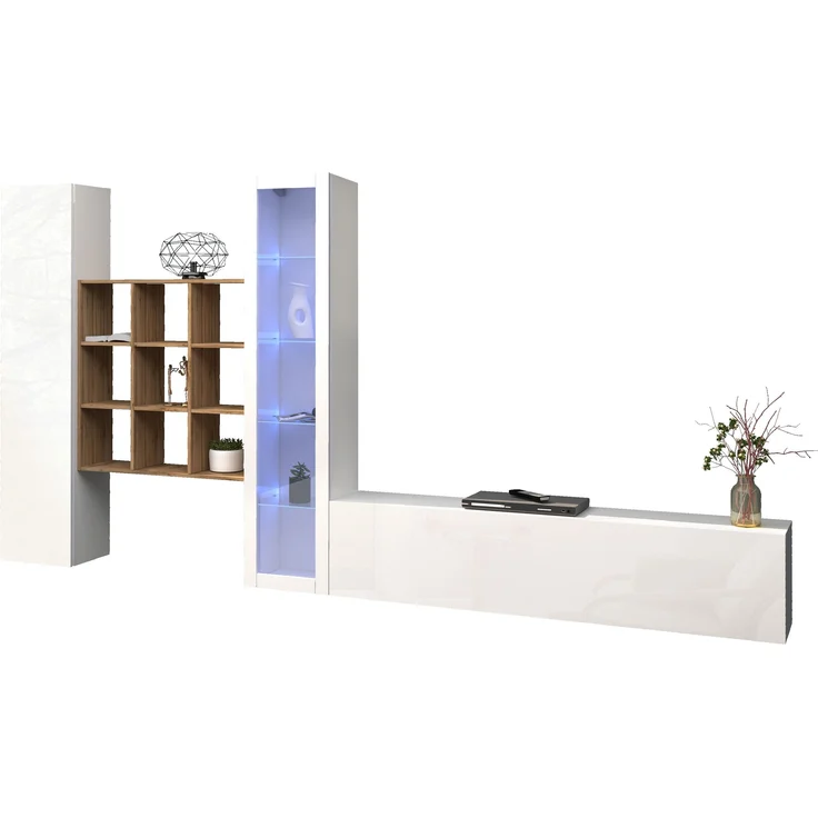 Wohnwand >Benevent< (4-teilig) in Weiß Hochglanz - 350x180x30 (BxHxT) – Bild 1