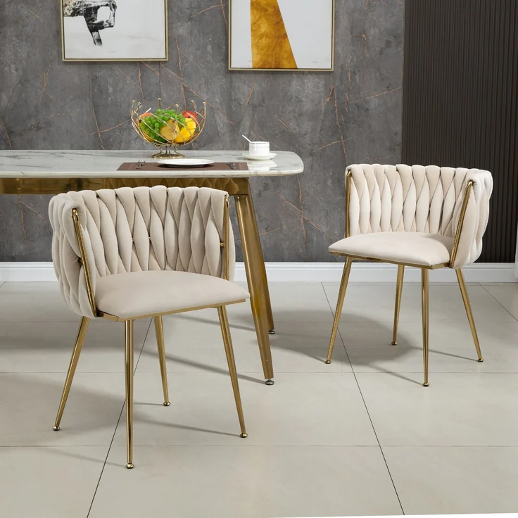 Elegantes 2er-Set Samt-Esszimmerstühle mit goldenen Metallbeinen und handgewebtem Design in Ivory – Bild 6