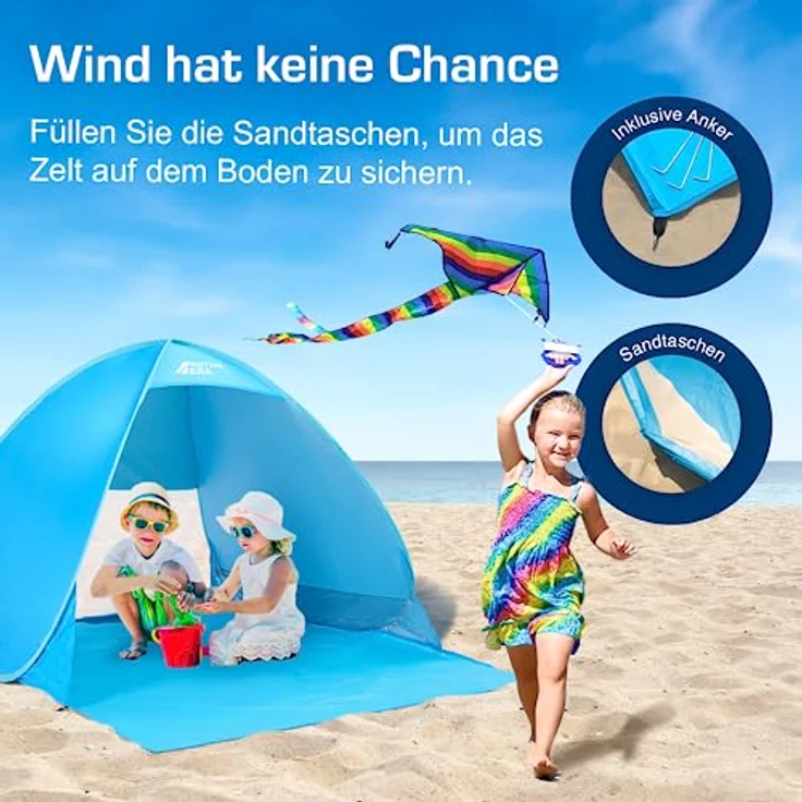 Active Era Pop Up Strandmuschel mit UV Schutz, UPF 50+ Strandzelt, Windschutz Strand, Zelt für 2-3 Personen inkl. Tragetasche und Heringe - Blau – Bild 4