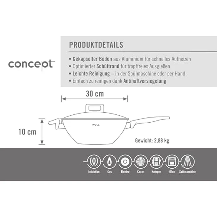 WOLL Wok Concept 33×14×54 cm – Edelstahl mit ILAG Ultimate Antihaftbeschichtung, 5 mm Kapselboden, Glasdeckel, induktionsgeeignet, ofenfest bis 200 °C & spülmaschinenfest – Bild 6