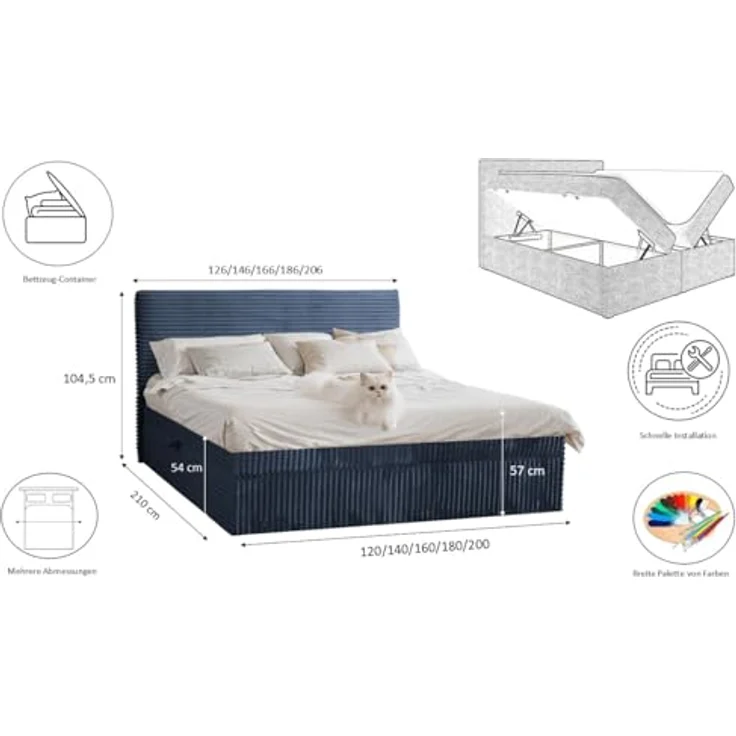 Kaiser Möbel Boxspringbett Trento, mit Bettkasten und Topper, 120x200 cm, Dunkelblau, H3 – Bild 2